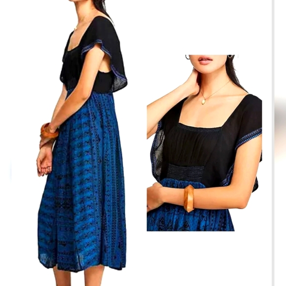 Free People In Search Of Paradise Midi Dress Blue Mixed Print Flowy Small NWT - Picture 4 of 16
